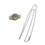 A Victorian silver Etruscan revival brooch, 4.5cmW; together with a silver chain with dogclip, 8.3g