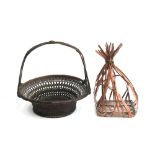 Two Japanese Ikebana suiban baskets, one with handle, 27cmD, character marks to base (2)