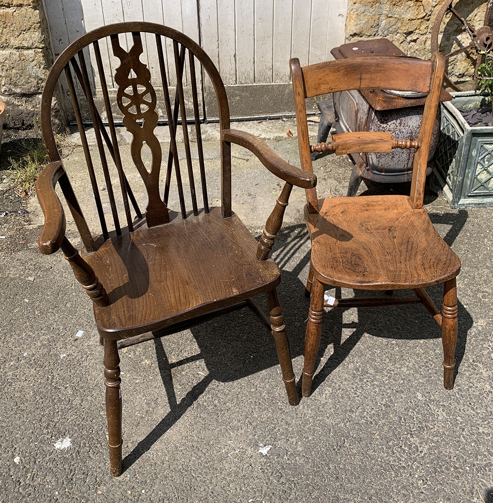 A beech and elm scroll back kitchen chair, together with a 20th century wheel back Windsor armchair