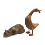 A carved wooden crouching cat sculpture, 37cmH; together with a wooden duck