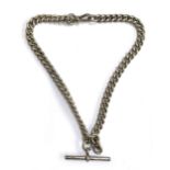 A heavy silver fob chain with T bar, each link hallmarked, approx. 60g