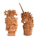 A pair of large terracotta sculptures of a griffin and unicorn, 41cmH and 49cmH