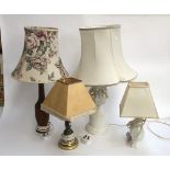 An Italian ceramic table lamp with encrusted flowers, 70cmH to top of shade; together with three