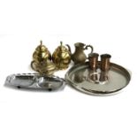 Two Eastern brass lidded vases, together with brass tea and coffee pot, brass drinking cups, Jack