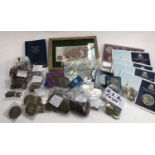 COINS etc. A small quantity of pre 1947 silver coins, a framed ten shilling note; 50 pence pieces (
