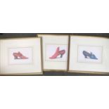 Three colour prints of high heel shoes, each 21x32cm