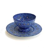 A Persian minakari enamel teacup, 8cmD and saucer, 13cmD