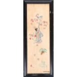An embroidery of a geisha beneath a cherryblossom tree, initialled M.E.J.H 1942, 90.5x29.5cm