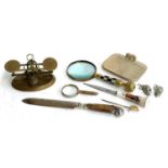 A mixed lot to include desk objects, miniature weighing scales; magnifying glass; cast metal mice;