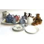 A mixed lot of ceramics to include strawberry teapot, blue Rayware teapot; Pagnossin earthenware;