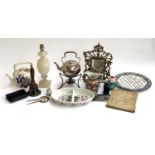 A mixed lot to include plated teapot on stand with burner, onyx table lamp, Portmeirion Botanic