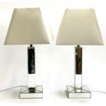 A pair of contemporary mirrored table lamps (one mirror panel af), 42cmH to top of shade