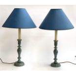 A pair of Indian blue painted turned wood table lamps, 52cmH to top of fitting