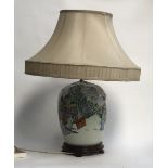 A large Chinese table lamp on a hardwood base, 65cmH to top of shade