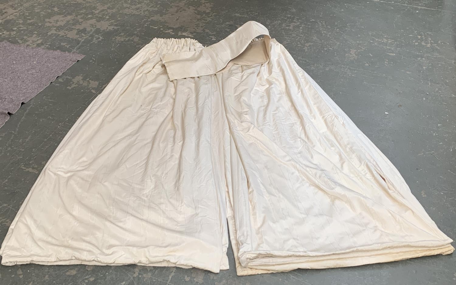 Two pairs of cream moire silk curtains, lined and interlined, approx. drop 240cm, ungathered width