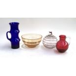 A collection of art glass, to include swirl bottle vase, 16cmH; blue bamboo form jug; cranberry