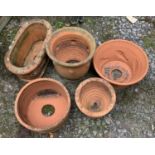 Five terracotta plant pots, one Whichford Pottery, the largest 36cmD