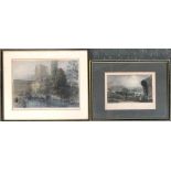Two 19th century coloured engravings, one possibly Oxford castle, and Blenheim Palace after
