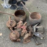 A quantity of vintage ironmongery, together with two kettles, two pans and two shoe slobs