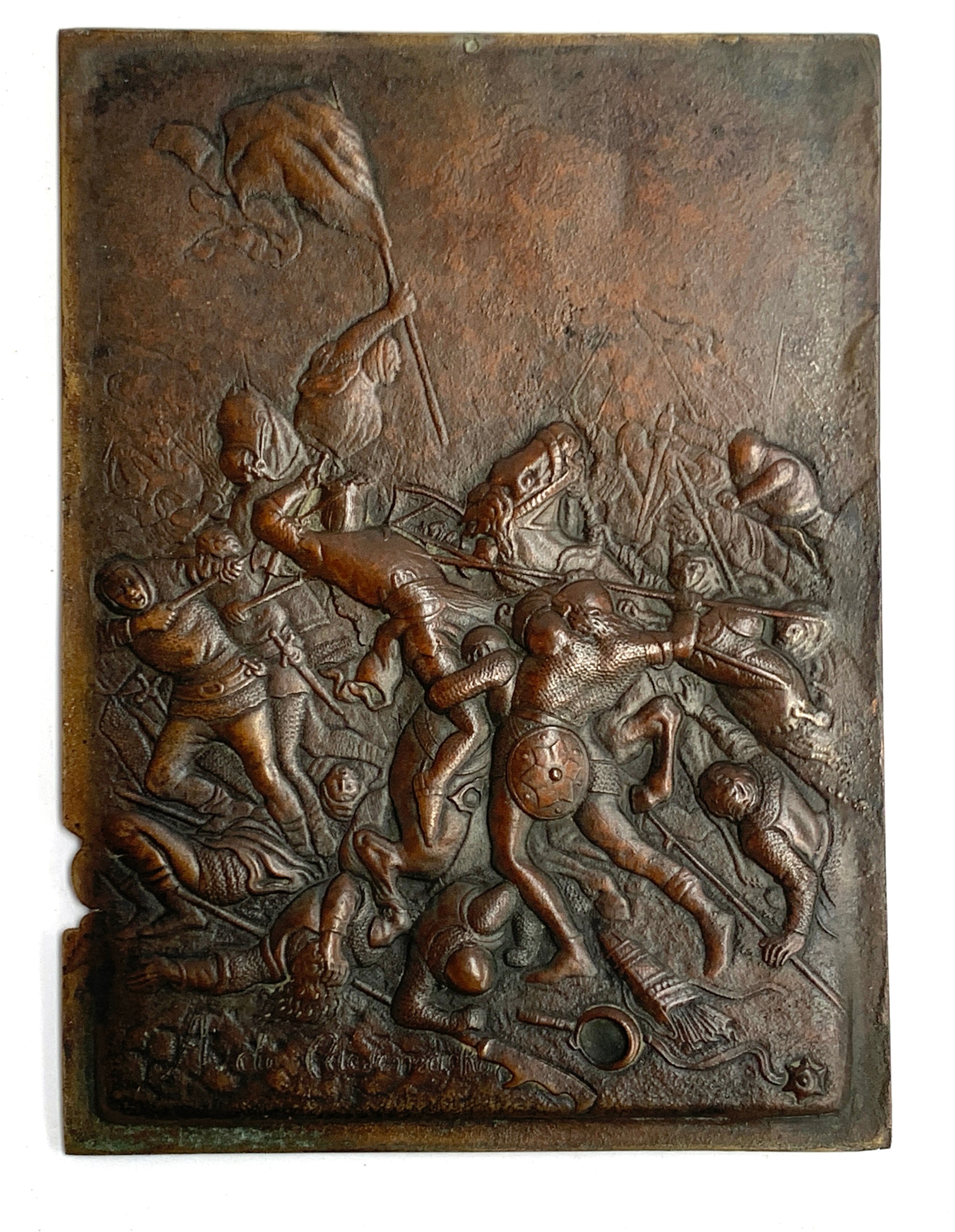 An unusual 19th century likely Belgian bronze plaque depicting a Medieval battle scene in relief