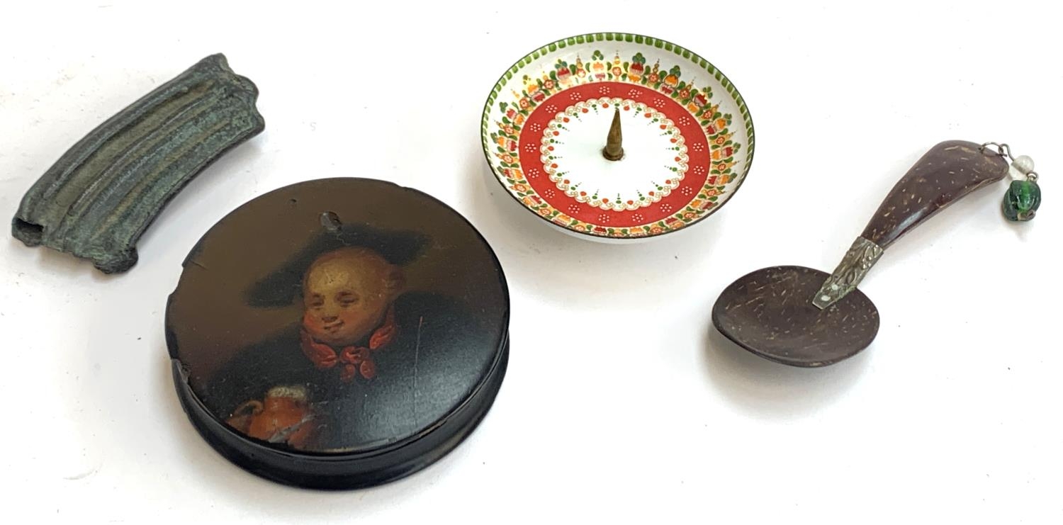 A small mixed lot comprising a 19th century lacquer pot with hand painted child, a Steinbock Austria