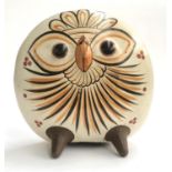 A very large Mexican pottery owl, the reverse painted with a scene of deer in a forest, 35cmH
