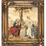 A 19th century needlework picture of Jesus and the Samaritan woman, 41x37cm, in a gesso frame