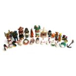 Japanese ceramic zodiac whistles; ceramic bells; South American painted wooden figures inc.