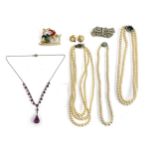 Three strands of faux pearls, two having silver clasps; together with a white metal and amethyst