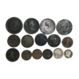 A quantity of Georgian coins to include George II halfpenny 1747, George III 1 shilling 1816,