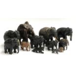 Eleven carved hardwood elephants together with a carved hardwood lion and a small cast metal