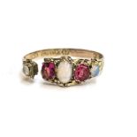 A 9ct gold mid Victorian opal and pink paste ring (af), hallmarked for 1871, approx. size O, 1.1g