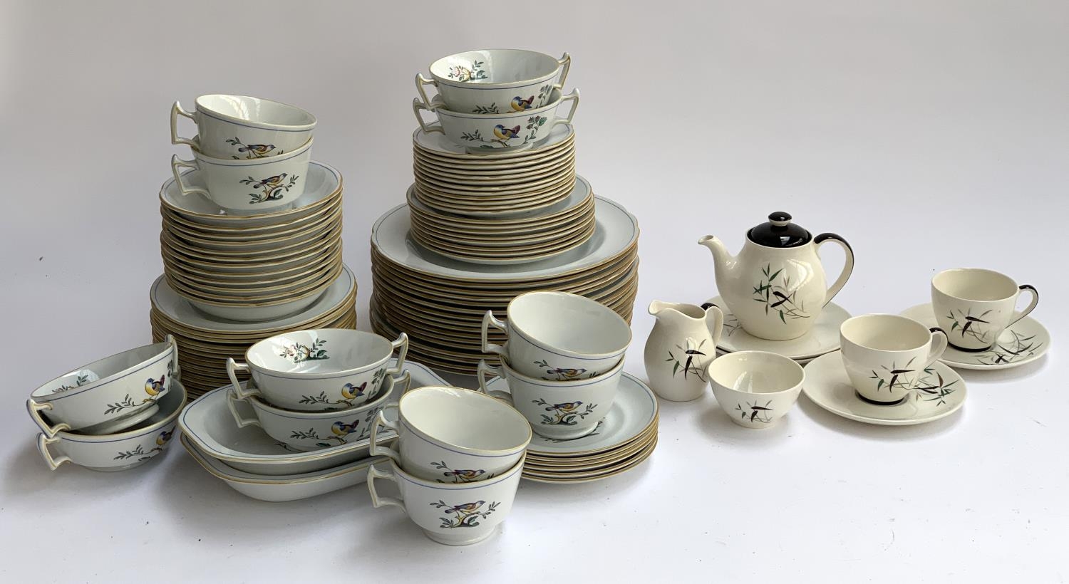 A Royal Doulton 'Bamboo' teaset for two, comprising teapot, milk jug, sugar bowl, side plates (2),