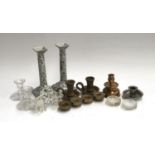 A small lot of various candle sticks, to include studio pottery chamber sticks; four brass
