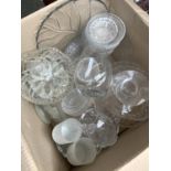 Two mixed boxes of glass to include 2 cut glass decanters, French bowls with engraved floral design,