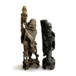 Two Chinese carved hardwood figures of immortals, one converted for use as a table lamp, the other