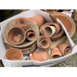 A quantity of terracotta plant pots and saucers