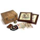 A mixed lot to include wooden box; scout badges; leather wallet; collection of vintage bus