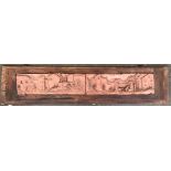 A terracotta relief plaque, 104x16cm, in two parts set into a hardwood frame, signed Rossana 1980