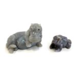 A carved blue lace agate figurine of a hippo, 7cmL; together with a similar agate figurine of a frog