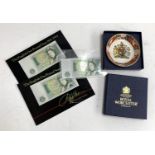 A Royal Worcester Queen Elizabeth II Golden Jubilee pin dish, boxed, together with three £1 notes