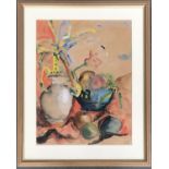 20th century watercolour, still life of flowers and fruit, signed Kathy Shearn?, dated 1964, 58x44cm