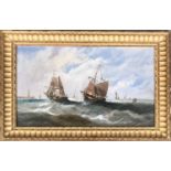 British school, 20th century, shipping off the coast in stormy seas, oil on board, 30x51cm