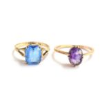 A 9ct gold ring set with amethyst, size P 1/2, 1.7g; together with a 9ct ring set with blue paste,