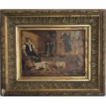A miniature 19th century naive oil on canvas, interior with dogs, monogrammed HM and dated 1837,