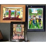 Two colourful 20th century interiors, oil on panel; together with another by the same hand, at the
