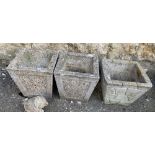 Three square planters; together with a composite cat
