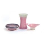 A small lot of pink Vasart glass, to include vase, 20cm high; twin handled bowl, 18cm diameter;