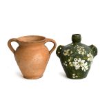 Two Verwood pottery vessels, a twin handled jug 17cmH and green painted twin handled costrel vase,