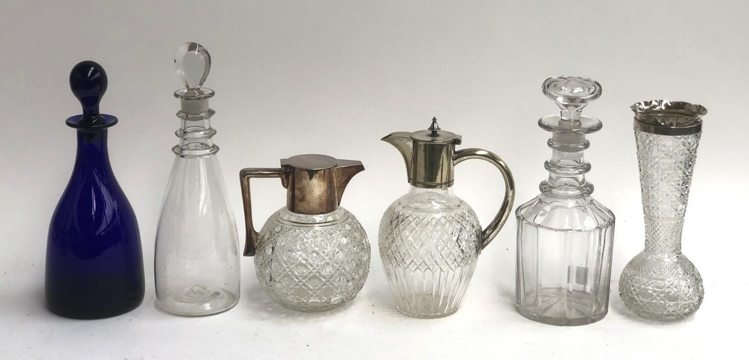A Mappin & Webb cut glass and silver plated claret jug, 16cmH; together with a further claret jug;
